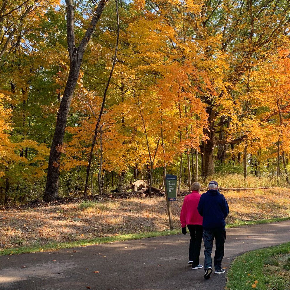 Couple walks one of the paved trails of Cliff Cave Park, in South St. Louis County.